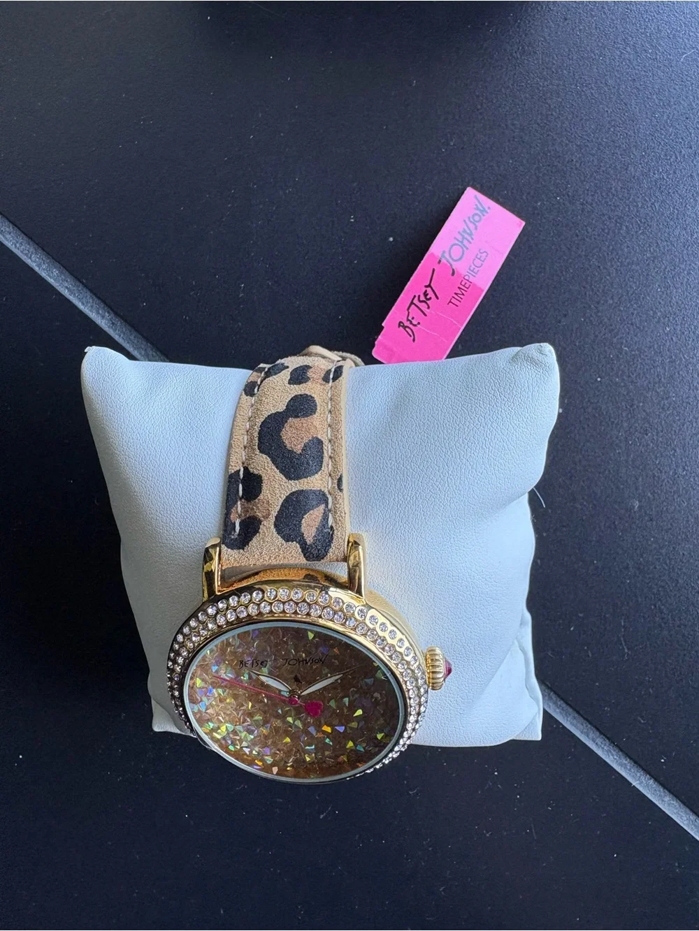 Betsey Johnson Gold Crystal Dial Watch with Leopard Print Strap